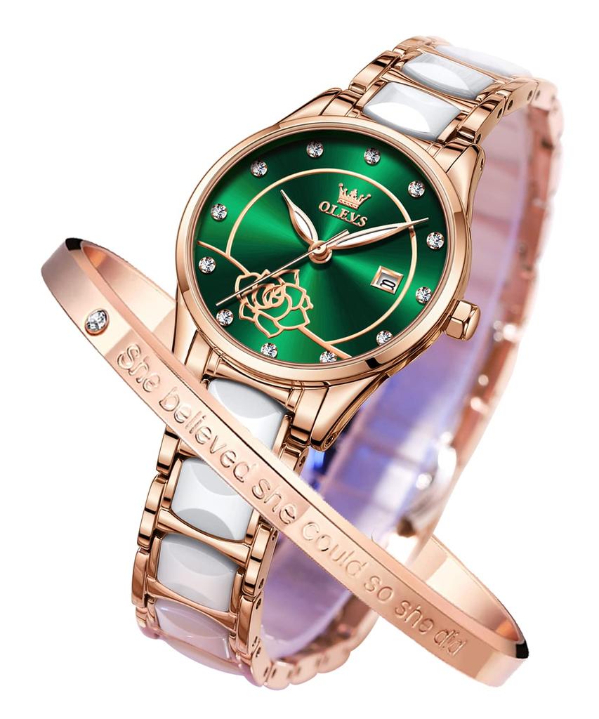 OLEVS Floral Easy To Pink Japanese Bracelet Green Women's Clock, Cute, Green, Pattern, See, Beautiful, Gold, Popular, Waterproof, Luminous, Movement,