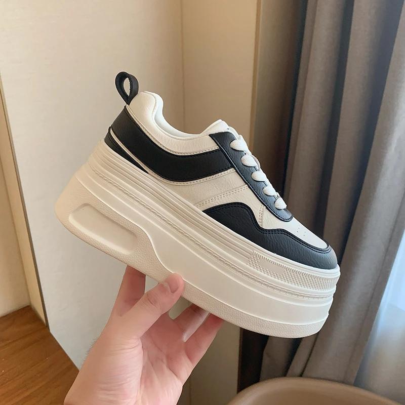 7CM PU Leather Women Black White Chunky Sneakers Ins Women Autumn White Hidden High Heels Platform Wedge Shoes Sneaker