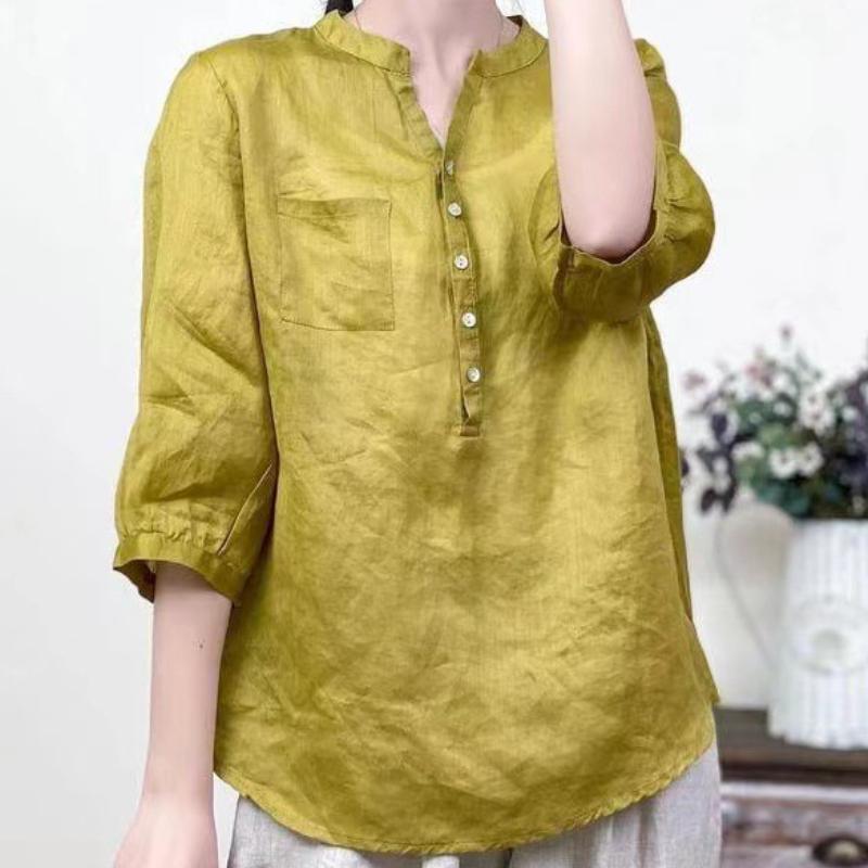 Summer Pink Yellow Top for Women Cotton Linen Blouse Art Retro Solid Color Short Sleeve Shirt
