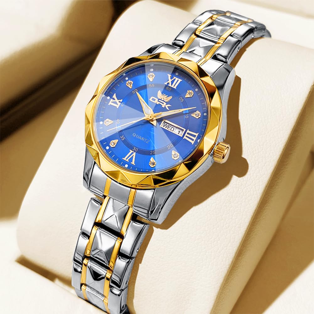 Stylish quartz watch for featuring a day and date round 30mm stainless diamond and water resistance women's commuting, calendar, display, face,