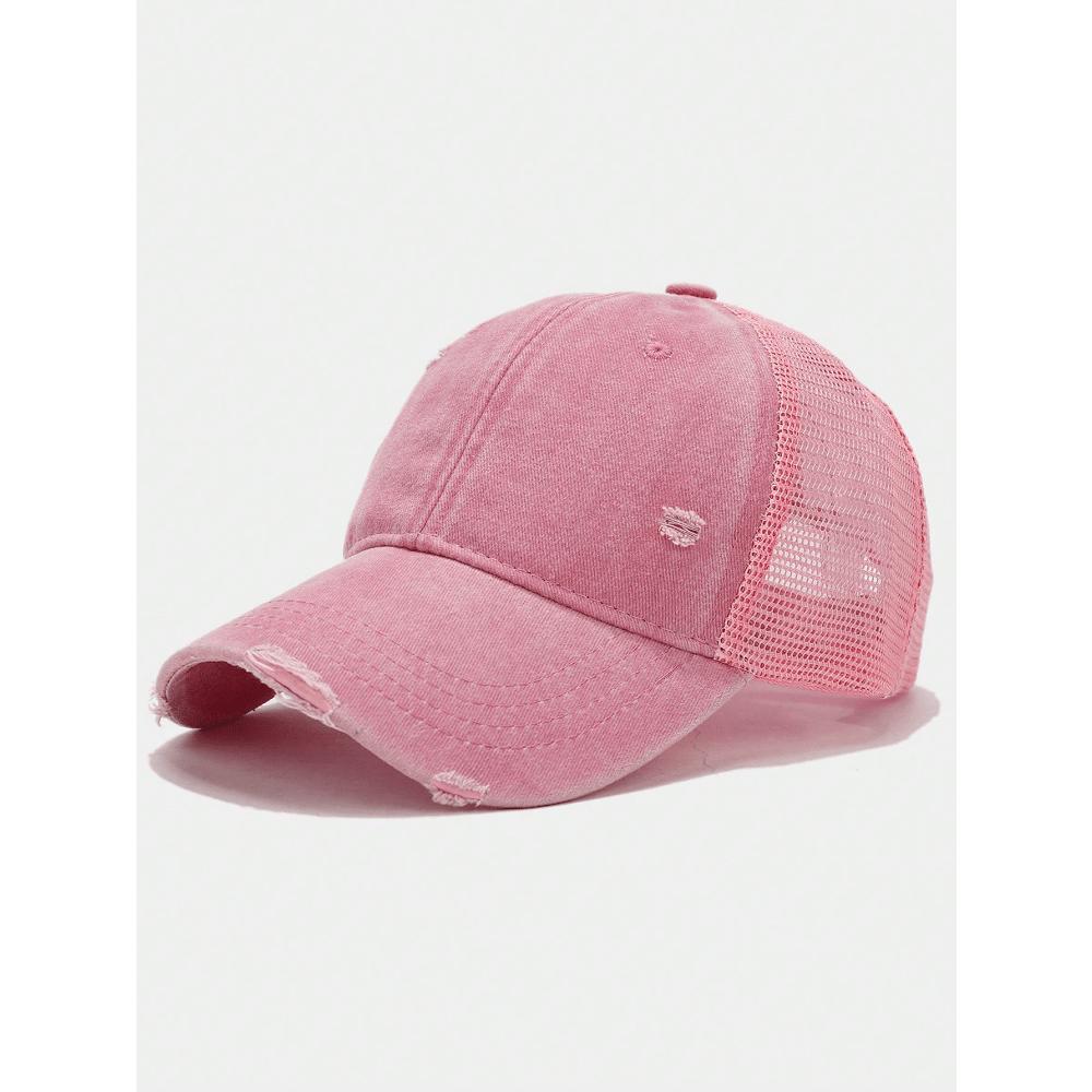1pc Solid Distressed Perforated Mesh Washed Baseball Cap, Breathable Sun Protection Accessory For Spring/Summer