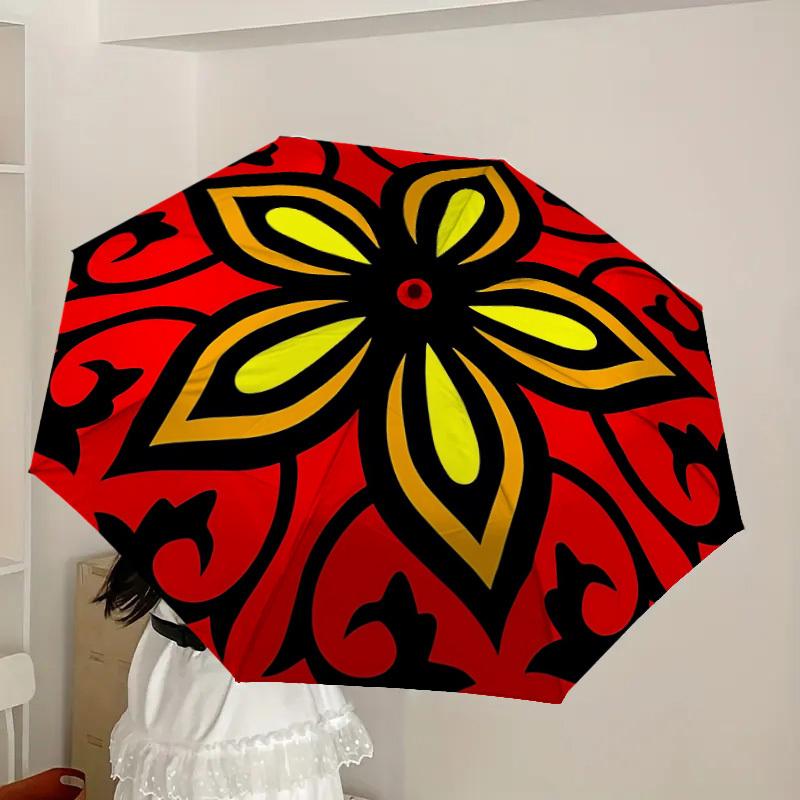 1pc Red Floral Pattern Automatic Folding Umbrella, Portable Collapsible Design, 8-Rib Iron Frame, Outdoor Accessory Yy250905078