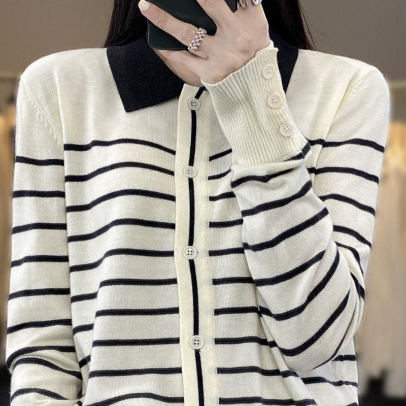 

Поло воротник полосатый вязаный кардиган весной и осенью новый женский нежный и стройнящий простой и универсальный топ для женщин XXL