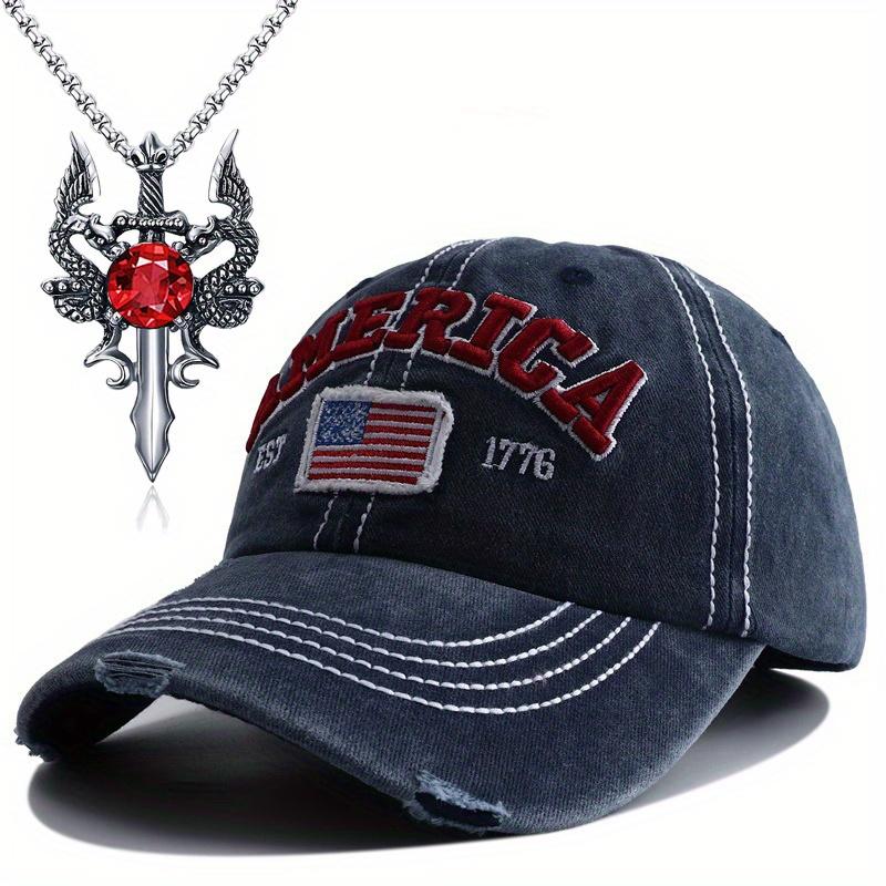 

2 мужские и женские бейсболки, кепка для пары с сломанным язычком утки, бейсболка с американским флагом, ожерелье с двумя драконами, рубиновым крестом, модная шляпа от солнца темно-синий