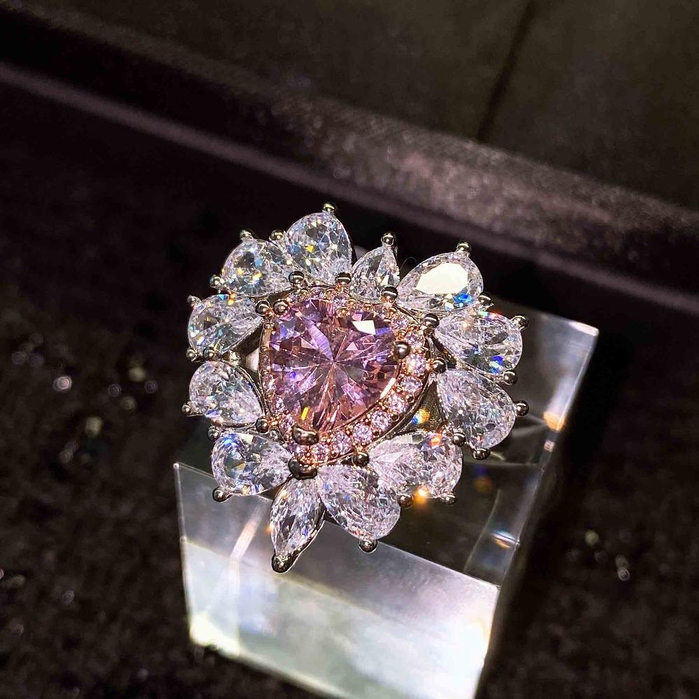 Open Ring Heart Shaped Pink Diamond Jewelry for Women Simulated Argyle Pink Diamond Cluster Ring