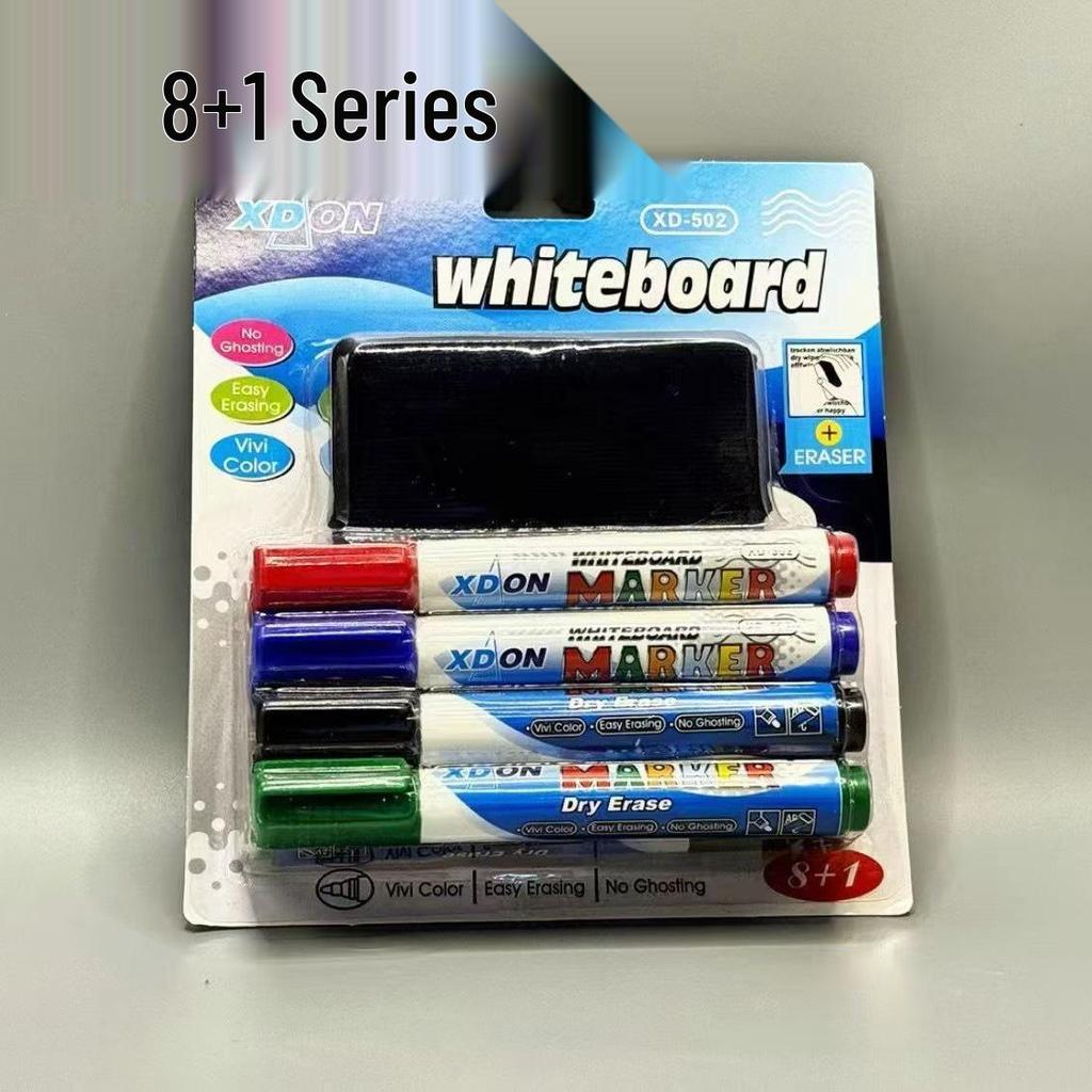 Four-Color Whiteboard Marker Set with Built-In Erasers for Meetings and Teaching.