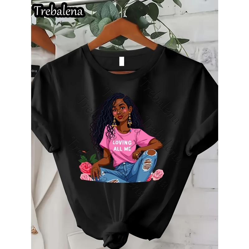 T-Shirt mit Figurendruck, Rundhalsausschnitt, Kurzarm, Lässiges Oberteil für Sommer & Frühling, Damenbekleidung, Europäische Größe