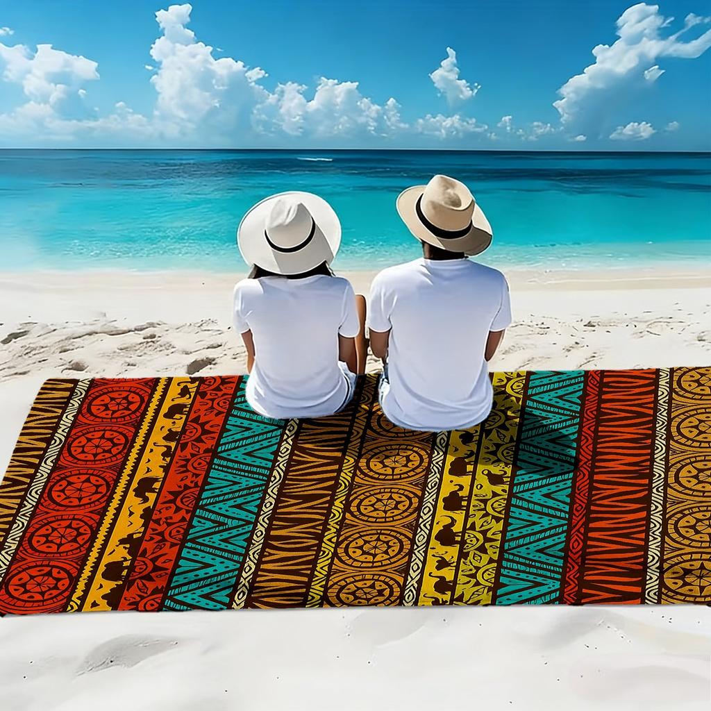 1pc, African Tribal Style Oversized Soft Beach Towel, Geometric Totem and Elephant Print Pattern, Microfiber Bath Towel, Quick