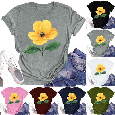 Dam Casual Rundhalsad T-shirt Topp med Blomtryck och Kort Ärm