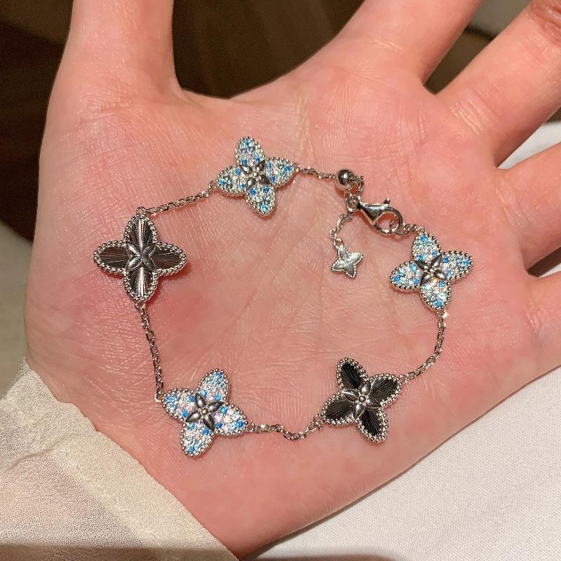 French Light Luxury Retro Design Full Diamond Laser Four-Leaf Clover Ring Bracelet Stud Earrings Necklace Temperament Court Style Set