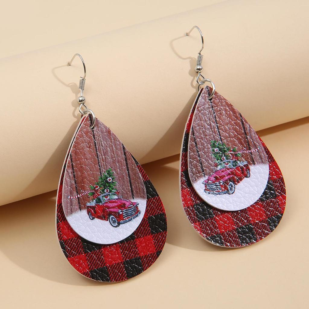 Christmas Tree Leather Teardrop Earrings - Holiday Style