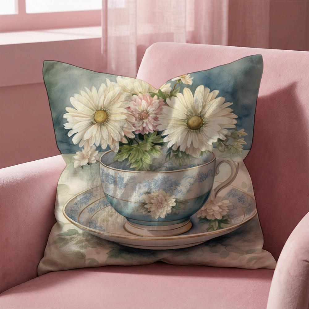 Painting Cup of Flowers Cushion Cover Multi-Scene Pillow Cover for Home & Car - Reversible, Soft & Durable for Daily Use