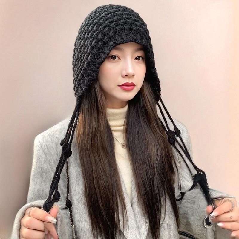 Women's Red Ethnic Tassel Hat - Winter Handmade Knitted Wool, Small-Face Retro Fashion