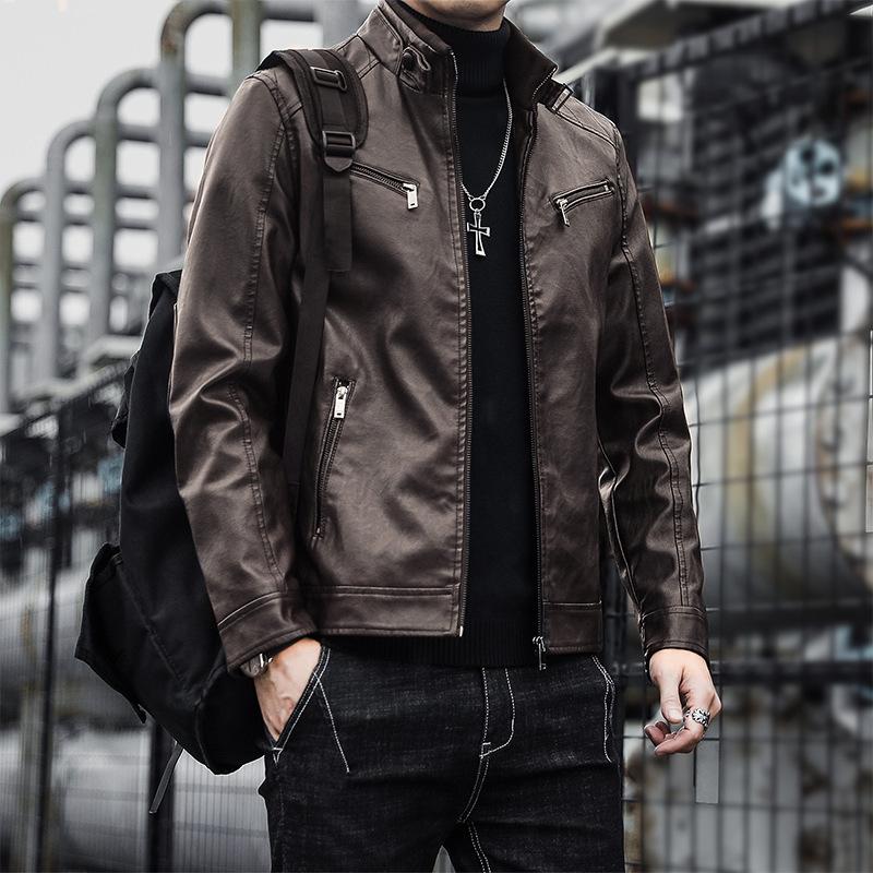Men's Men's PU Leather Jacket Men's Trendy Youth Stand-up Collar Punk Men's Motorcycle Leather Jacket