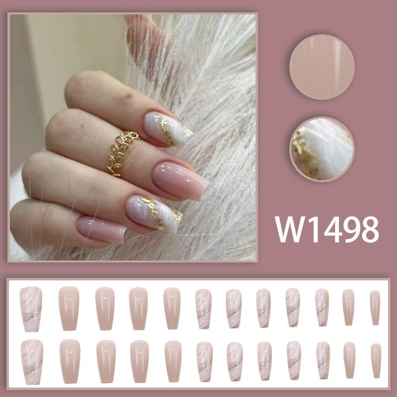 Elegant Pink Gradient Ballet Nail Tips with Gold Glitter and Ribbon
