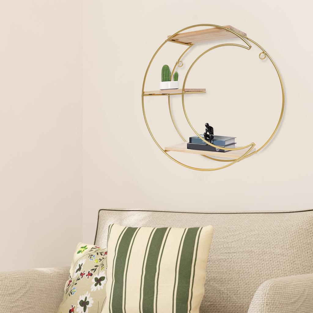 Goldfarbenes Mondförmiges Wandregal, 3-stöckiges Asymmetrisches Schweberegal, Modernes Böhmisches Ausstellungsregal für Badezimmer-Küchen-Dekor