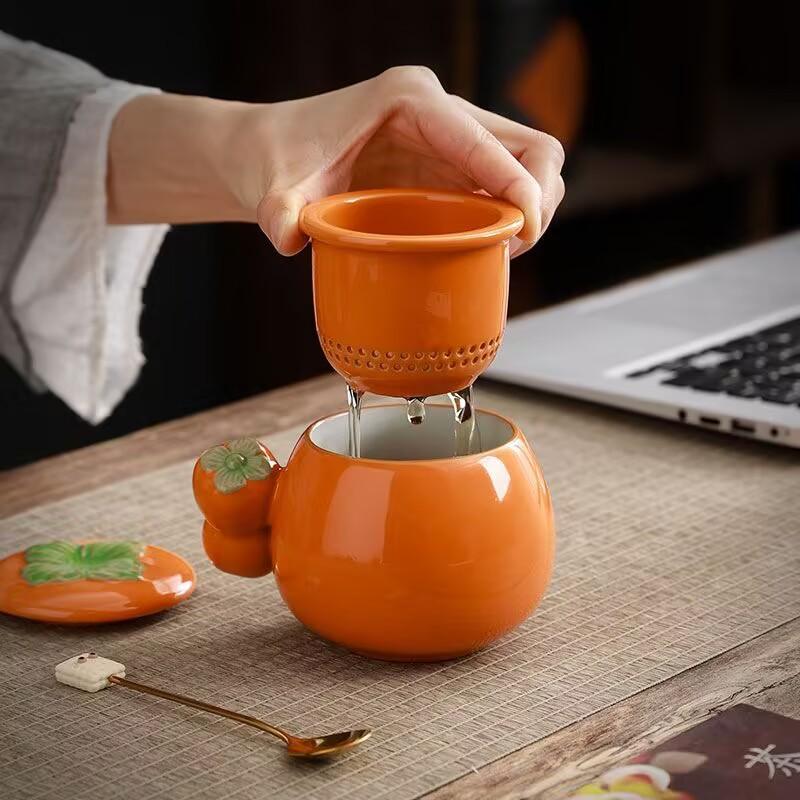 Everything Goes Well, Persimmon Ceramic Tea Separation Office Tea Cup With Lid Spoon Activity Holiday Gifts