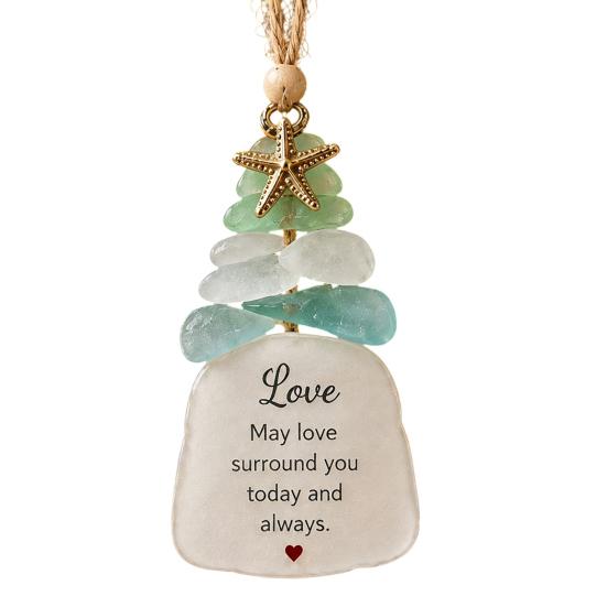 Christmas Tree Decor Sea Glass Ornament, Seaglass Art Hanging with Starfish Charm, Acrylic Ornaments Peace Love Joy Faith Family Friends Hope Pendant