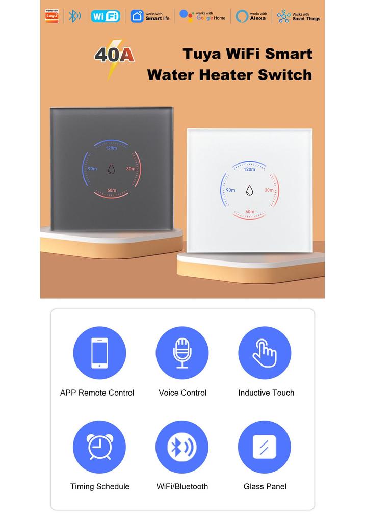 Graffiti WiFi Smart Touch Switch for Water Heater & Air Conditioner, 40A High-Power, European Standard, Voice Control.