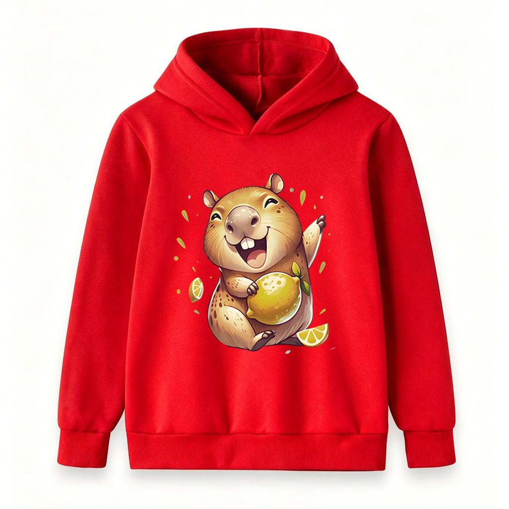 Kids Boys Girls Hooded Sweatshirt, Cute Happy Capybara Holding Lemon Print Pullover Hoodie, Soft Casual Long Sleeve Top for Children Daily Wear