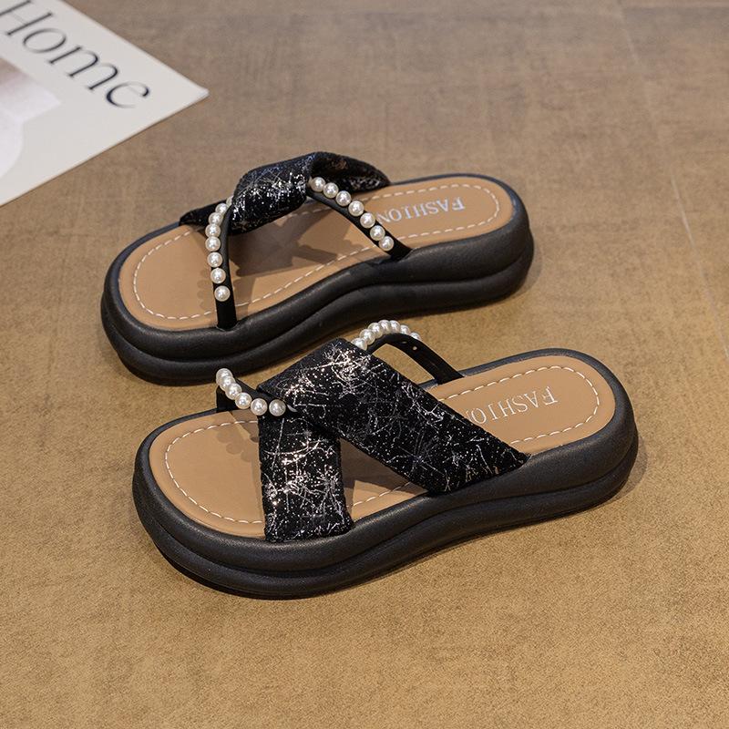 Thick-bottomed Fairy Style Slippers Female Outer Wear 2025 Summer New Fashion Pearl Muffin Cool Slippers Female Tide