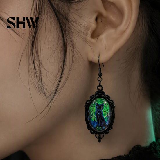 Versatile Dark Style Daily Wear Accessories 1 Pair Halloween Gothic Black Cat Earrings for Women, Vintage Jewelry with Skull Bat Patterns Punk Dangle