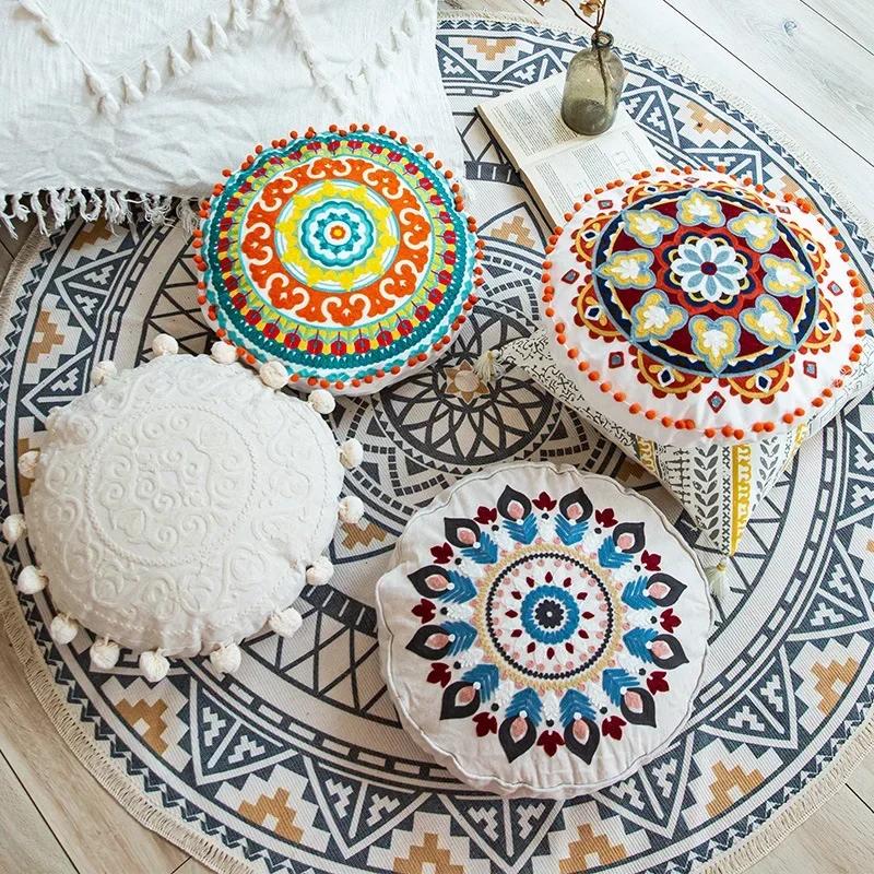 Moroccan Ethnic 45cm Round Cushion Cover Mandala Floral Embroidery Home Decor Living Room Throw Pillow Case Ball Decorative