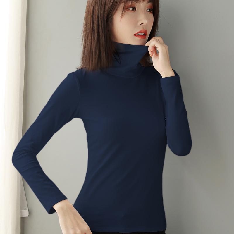 Women's Slim Fit High Collar Cotton Long Sleeve T-Shirt for Autumn and Winter