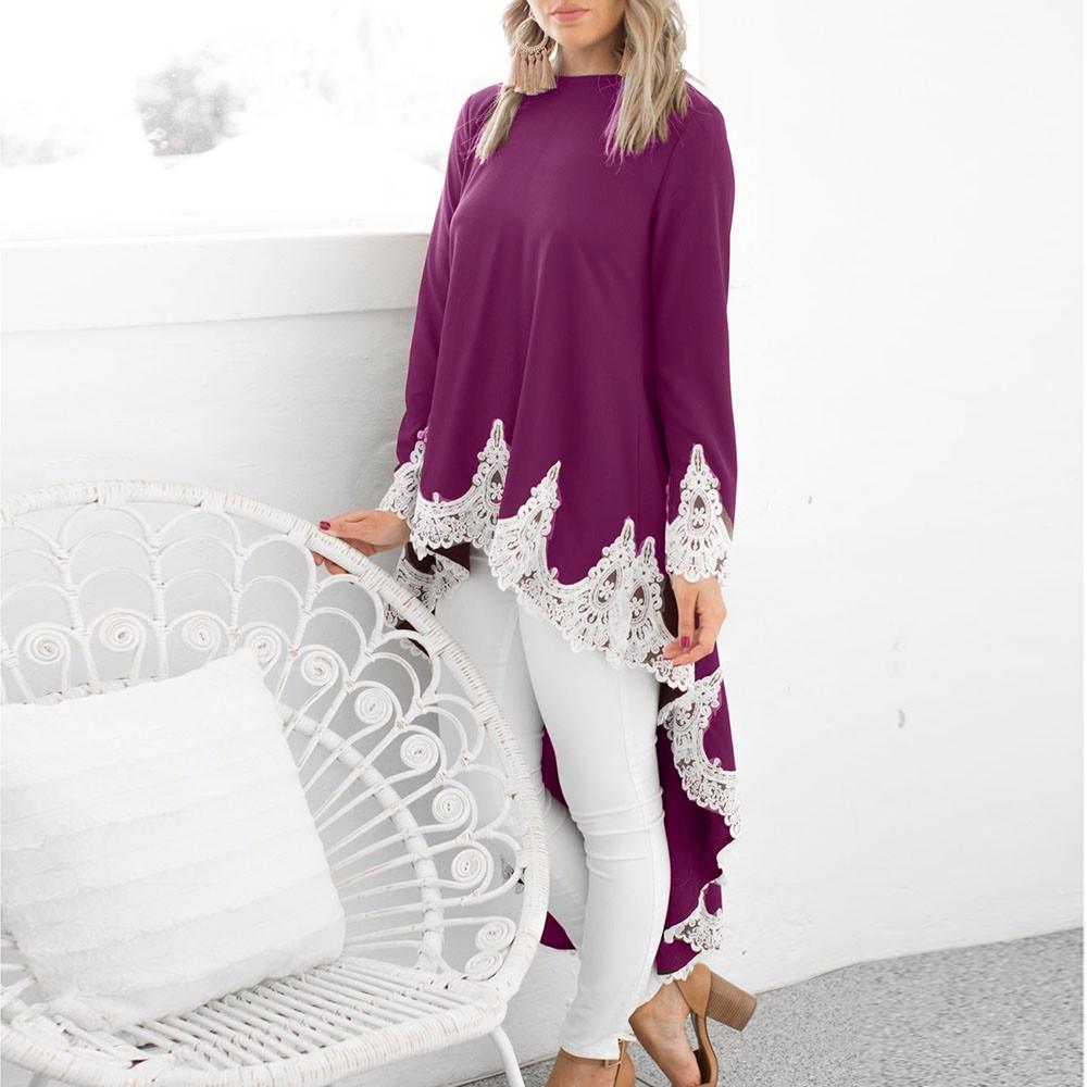 Women's  Long-sleeved Casual O-neck Pullover Irregular Hem Solid Color Lace Dres