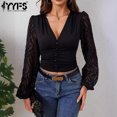 Damenmode, lässig, Frühling und Herbst, einfarbig, langärmelig, V-Ausschnitt, Blusen und Hemden