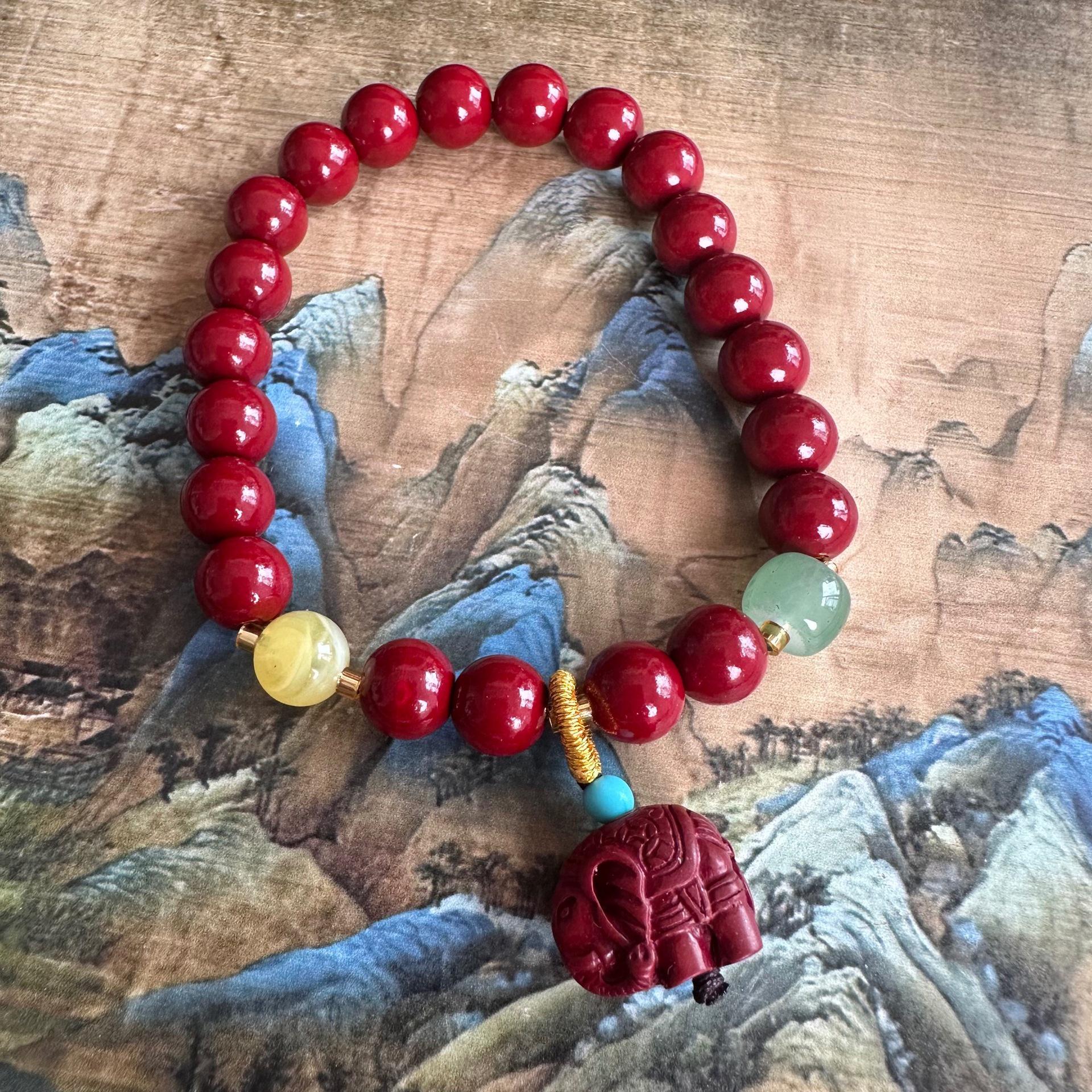 Chinese Style Cinnabar Elephant Bead Bracelet - Cultural Prayer Hand Ornament for Women