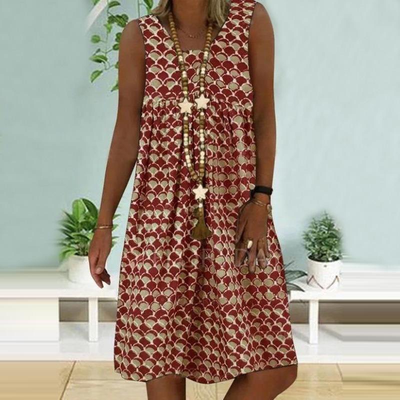QICED Fashion Summer Spring Solid Color Print Sleeveless O-Neck Casual Dresses