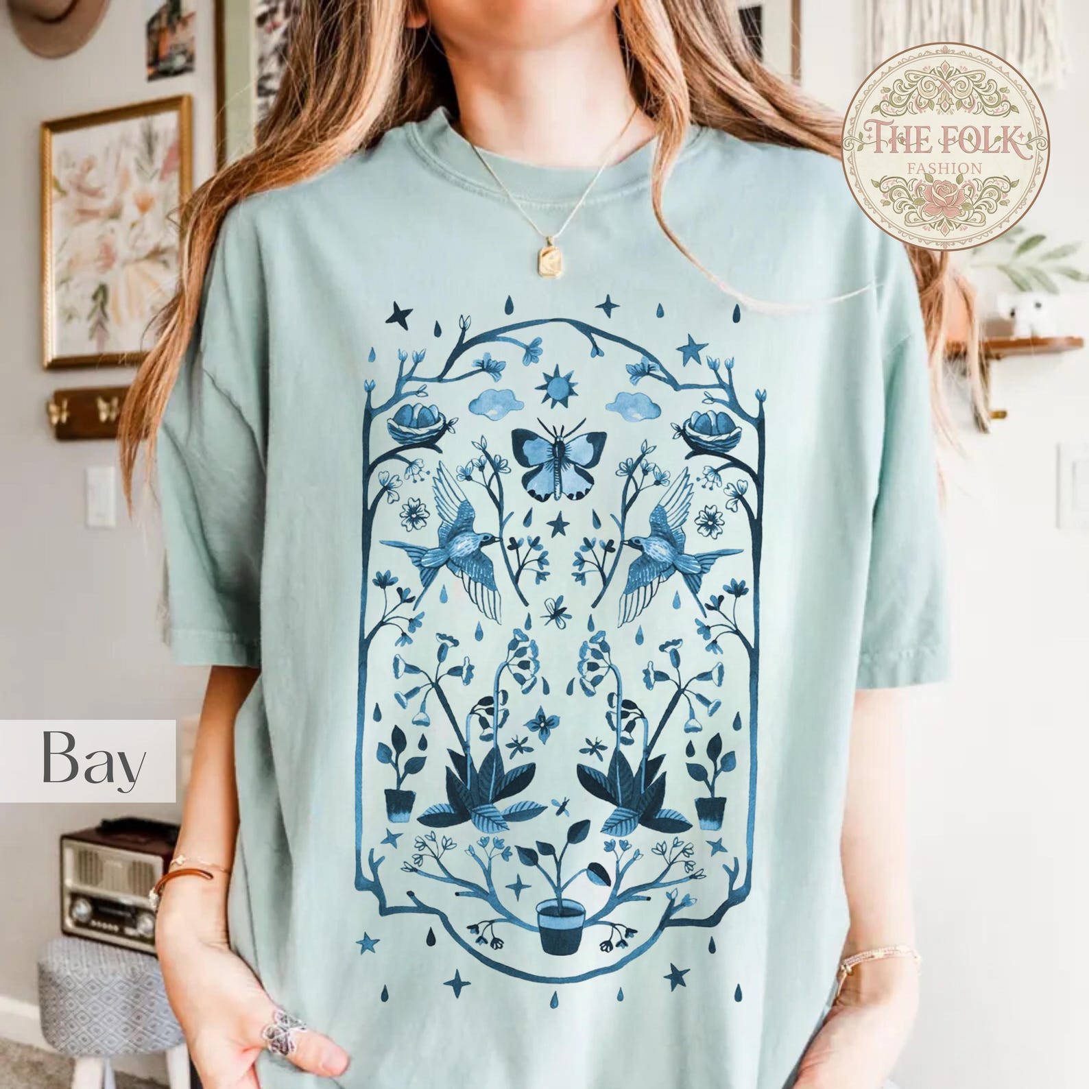 Vintage Blue Magical Garden Shirt, Aesthetic Chinoiserie Birds Tee, Celestial Moon Star Nature Tshirt, Coastal Grandmother Gift, Comfort Tee M