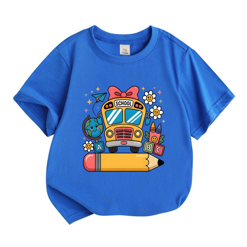 Kids Boys Girls 100% Cotton Crew Neck Short Sleeve T-Shirt, Cute School Bus with Bow Pencil ABC Flower Print Casual Tee for Back To School Daily Wear