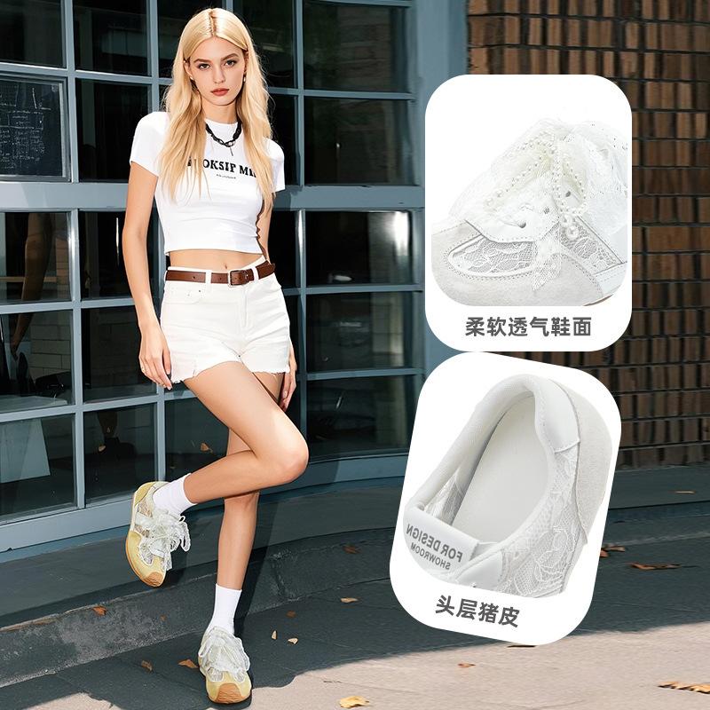 Leather Lace German Training Shoes Women's 2025 Spring New Models with Skirts Mesh Breathable Pearl Versatile Forrest Gump Shoes