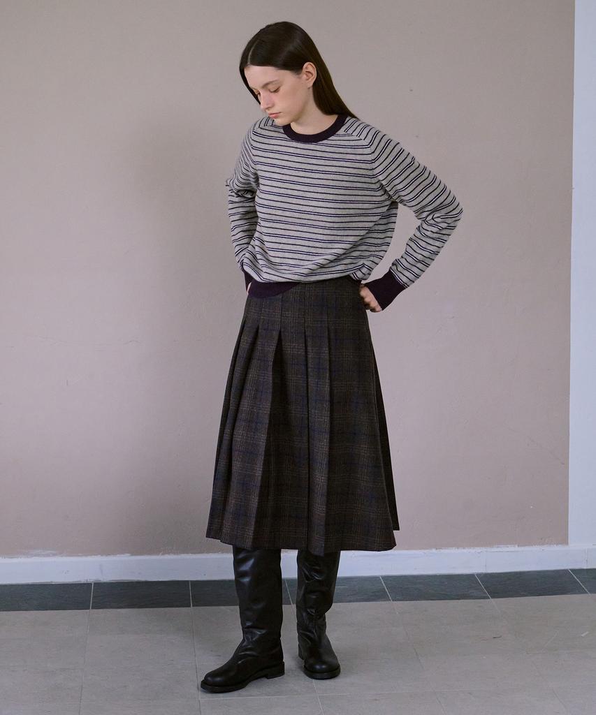 Awi Pleated Wool Check Skirt_Brown