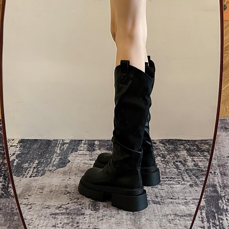 [Fanfna] 2025 Autumn New Platform Boots Women's Knee Knight Boots Thin Pleated Piled Boots