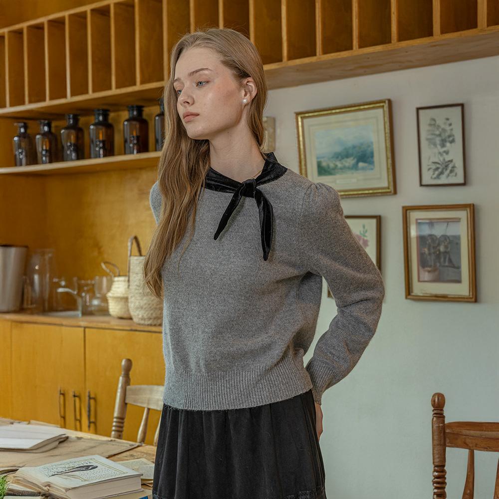 Deondeulob Dd_Velvet Bow Tie Knit Top_Gray