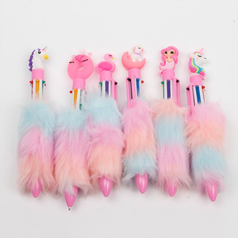 6-color-in-1 Rainbow Plush Ballpoint Pen 0.5mm Colorful Ink Writing Pen Cute Creative Stationery for Girl Kawaii School Supplies