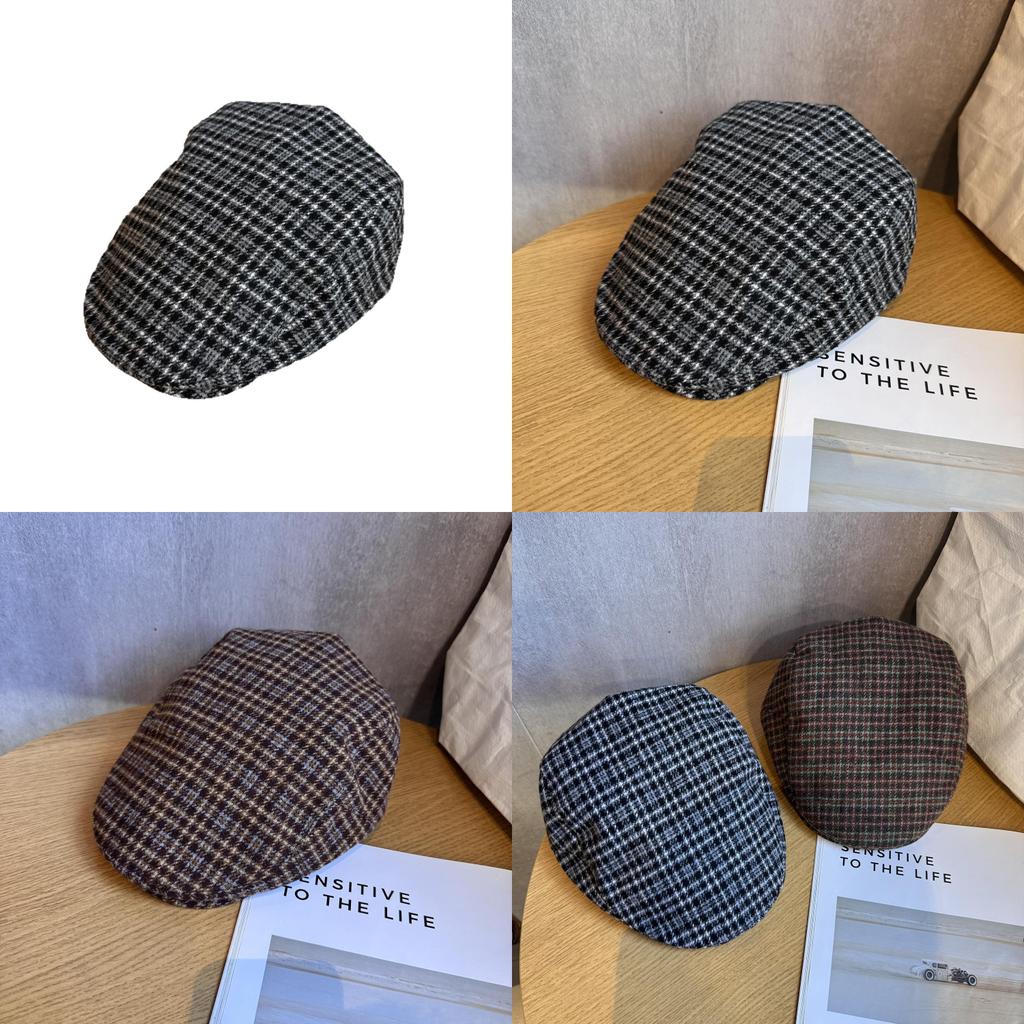 Checkered Beret Retro With Big Head Circumference Design For Autumn Winter Wear