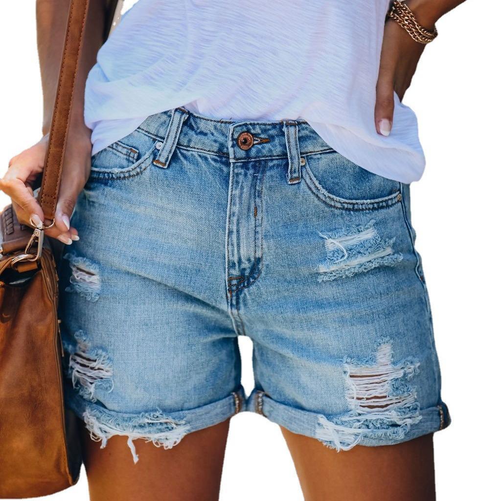 2024 European & American Street Fashion Ripped Straight Wide-Leg Denim Shorts for Women