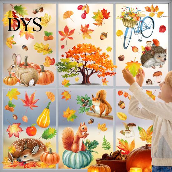 Forest Animal Window Clings for Kids 9PCS Autumn Clings, Thanksgiving Maple Leaf Pumpkin Stickers, Waterproof PVC Stickers Shop Windows Removable