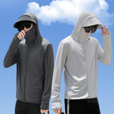 Men Sunscreen Jacket Hooded Long Sleeve Zipper Placket Sun Protection Clothing Solid Color Breathable