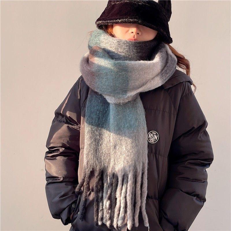 200x40cm Extra Long Wide & Thick Winter Scarf Fake Cashmere Fringe Shawl Rainbow Plaid Windproof Scarf Wrap for Women
