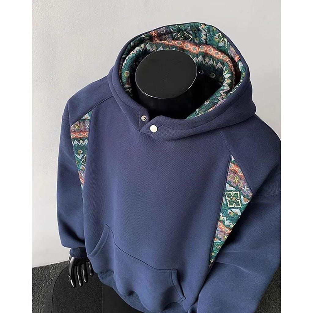 Men's Autumn Patchwork Hoodie: Chinese Ethnic Style, High Collar, Long Sleeve