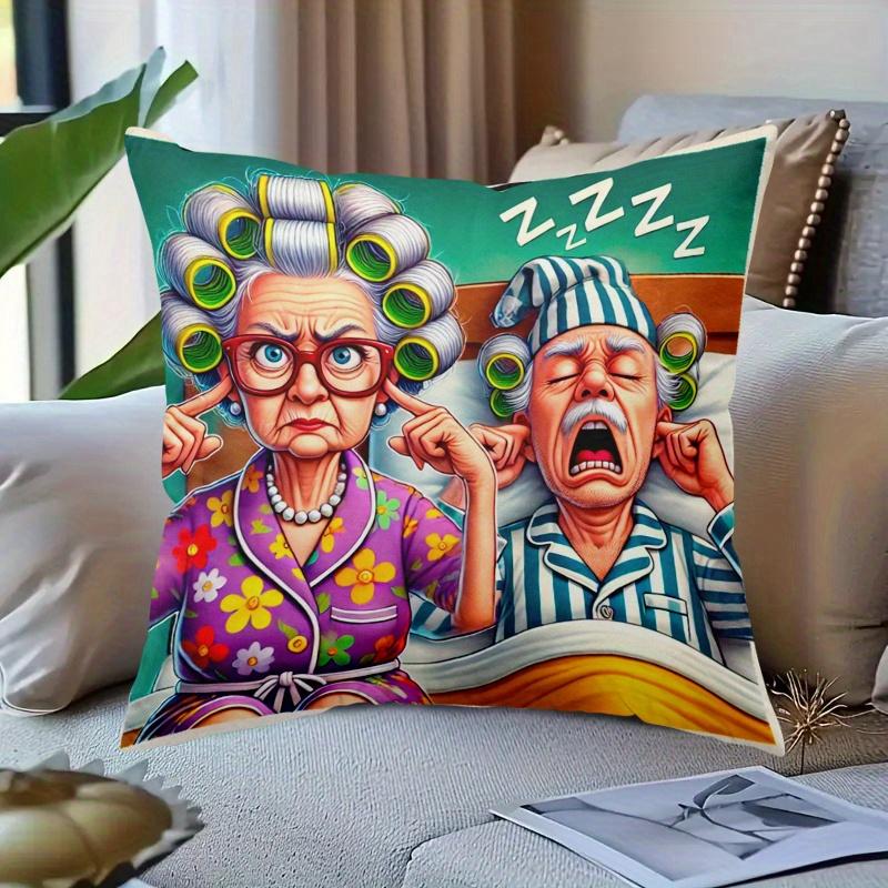 1Pc Funny Elderly Couple Snoring Print Throw Pillow Cover,Suitable For Sofa,Bedroom,Living Room,A Humorous Gift For Seniors