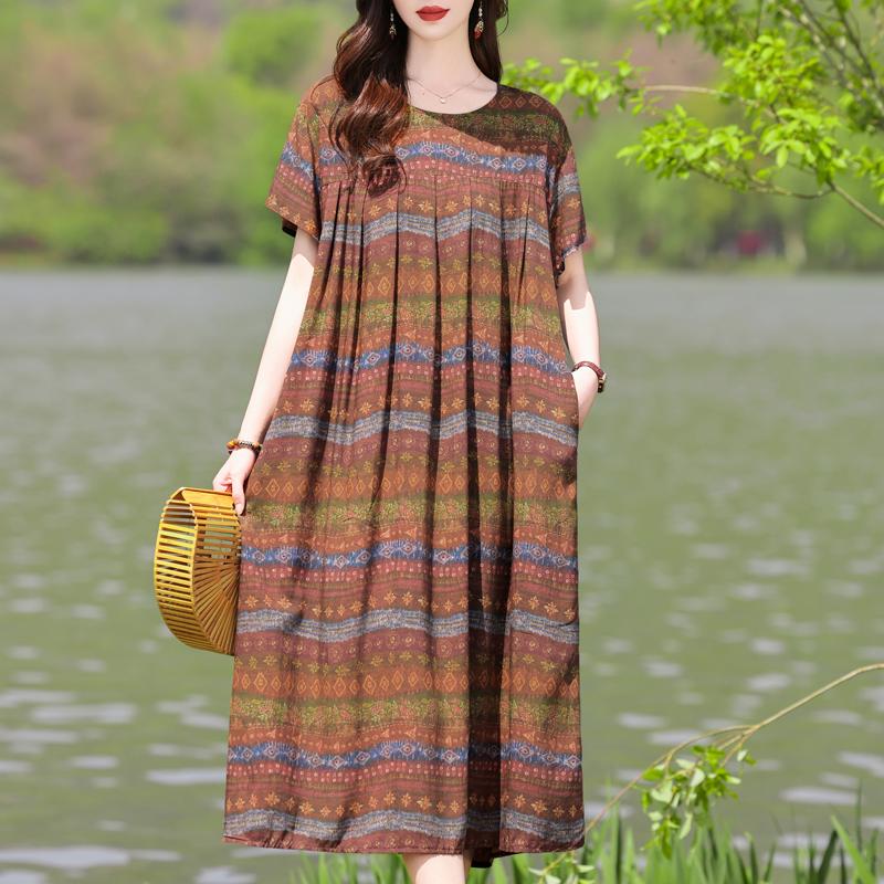 Μεγάλο μέγεθος Φαρδύ Vintage Print Μακρύ Φόρεμα για Γυναικεία Casual κοντομάνικα καλοκαιρινά γυναικεία φορέματα
