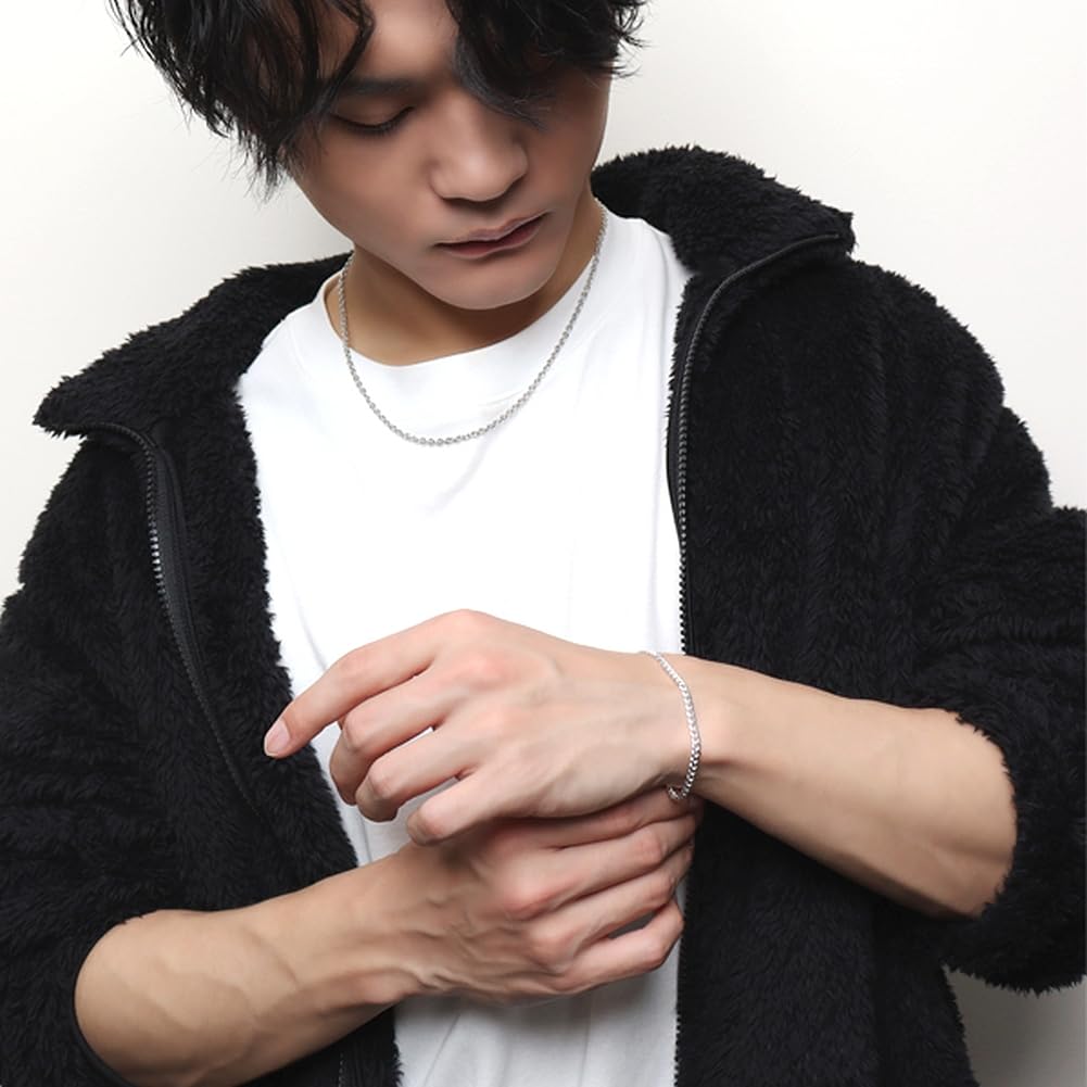 Shinjuku Gin No Kura 3.3mm Wide Curb Chain Silver 925 Bracelet, 18cm, Men's, Simple, Elegant, Slim Fit