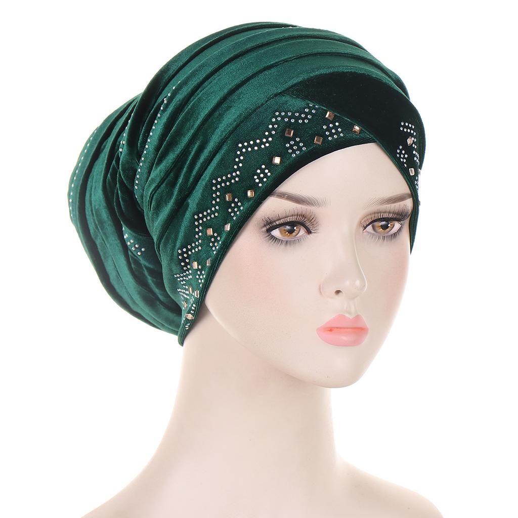 Glitter Diamonds Pleated Turban Caps for Women Soft Velvet Head Wraps Caps Muslim Headscarf Bonnet Female Beanie Pullover Cap