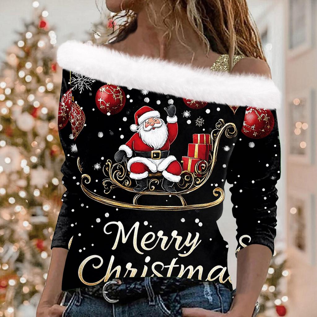 Kadın Günlük Uzun Kollu Omuzdan Askılı Noel Baskılı Peluş Moda Üst